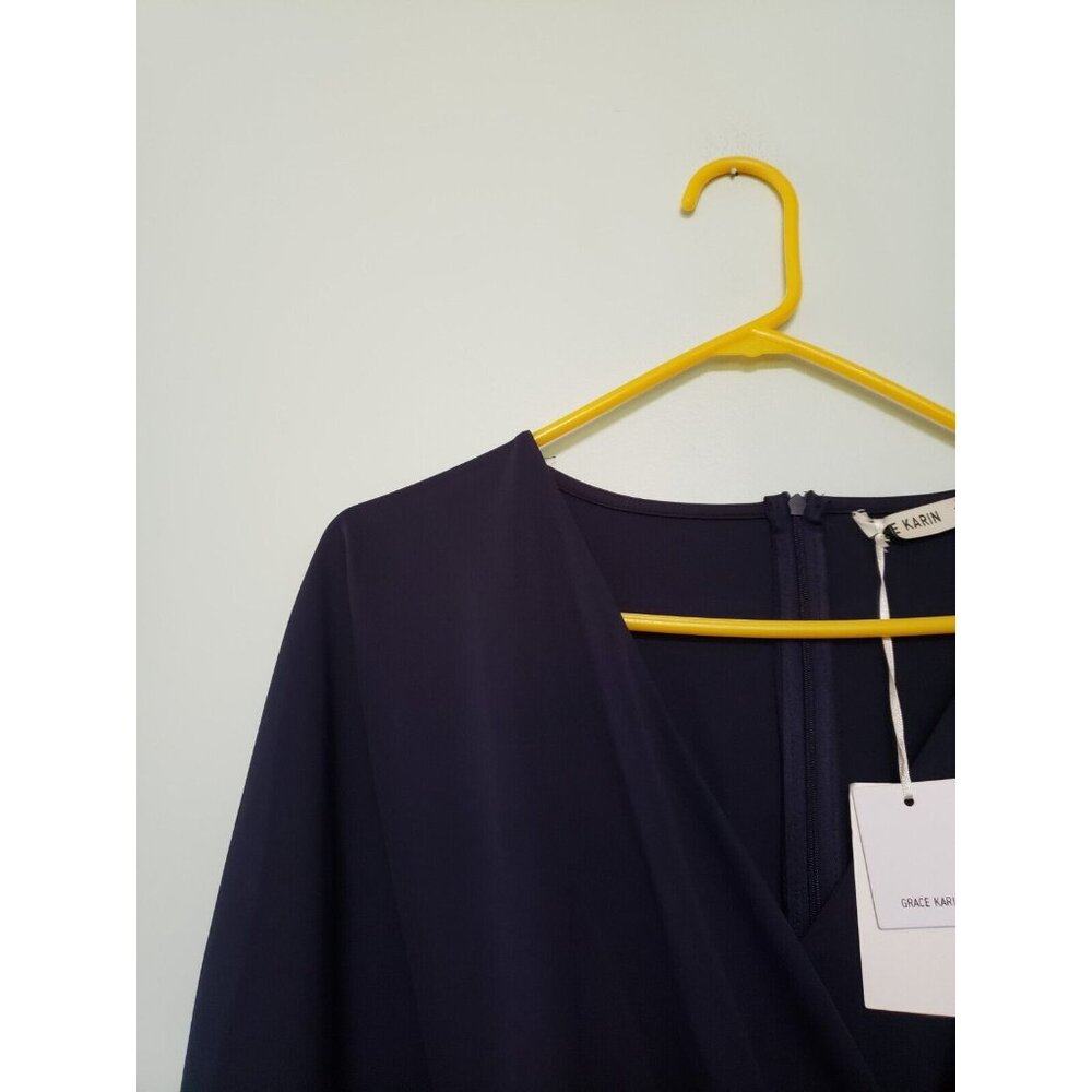 Grace Karin Womens 3XL Dress Long Sleeve Midi Length Faux Wrap Black Navy NWT - Picture 5 of 7